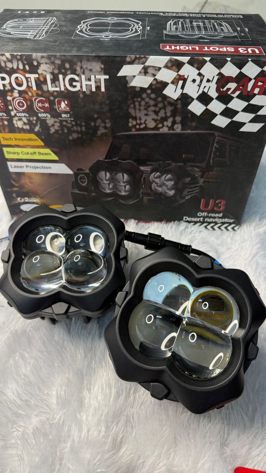 IPH Car U3 LED Spot Light for Bike & Car, High Power Auxiliary Fog Light with Laser Projection, Sharp Cut-Off Beam, Waterproof IP67 Driving Light for Motorcycle, SUV & Off-Road Vehicles (Pack of 2)