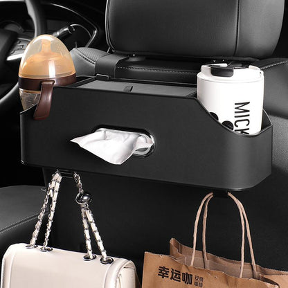 Car Tissue Box Holder 4 in1 Vehicle Multifunctional Storage Box PU Leather Car Storage Organiser with Cup Holder & Hooks Car Headrest Tissue Holder for Car Accessories (Black)
