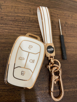 Car Key Cover Case with Golden Rim for All Latest Accessories for Tata Nexon | Altroz | Harrier | Tigor | Safari | Punch (TA-TA SMART1, White+Keychain)
