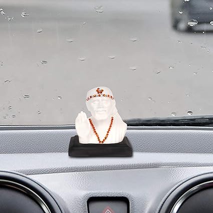 Shirdi Sai Baba Statue Blessing On Wooden Pedestal for Car Dashboard Idol Poly Marble 8X7X5 White