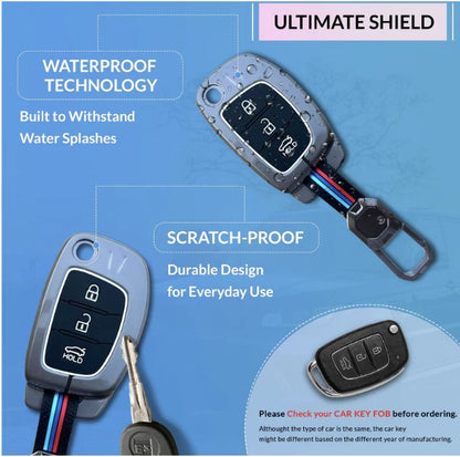 caroxygen Metal Key Cover for Hyundai Hyundai Creta, Venue, Tucson, Alcazar, I20, Grand i10 Nios, Aura, Xcent, Exter 3 Button Flip Key Only - Black