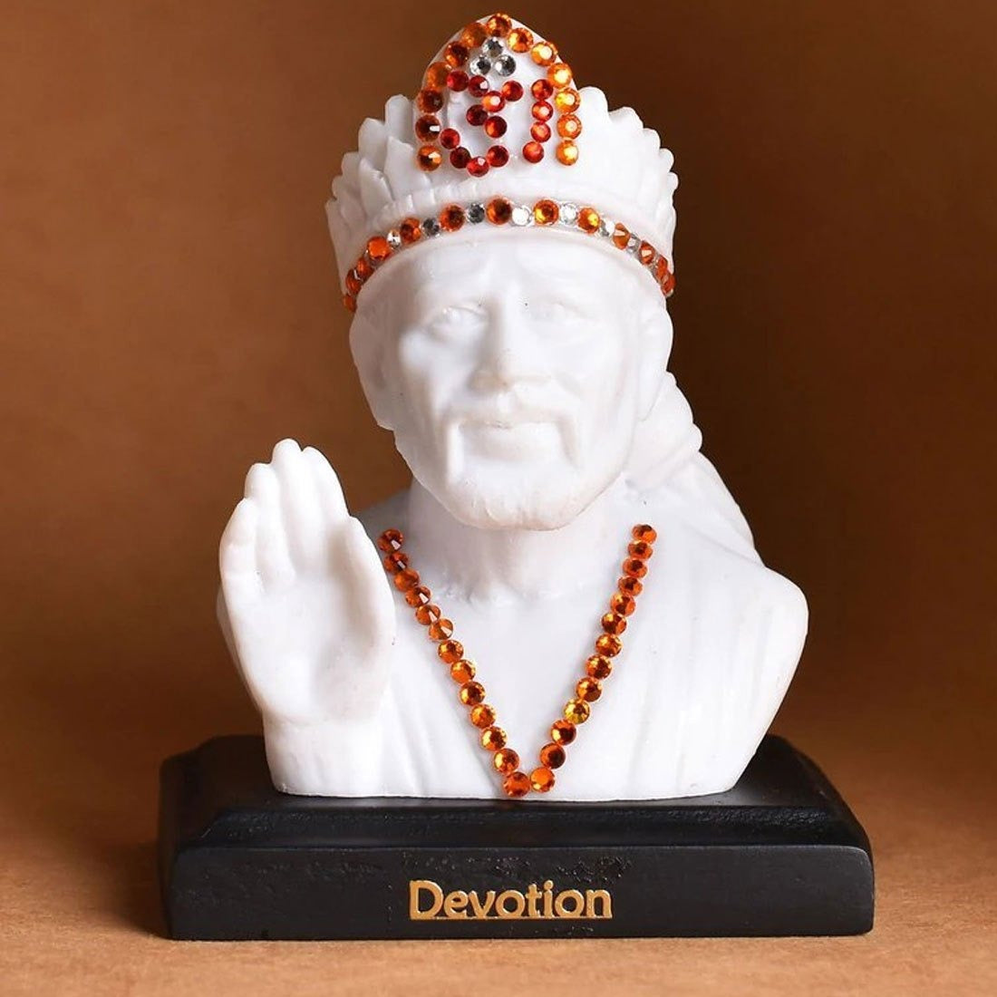 Shirdi Sai Baba Statue Blessing On Wooden Pedestal for Car Dashboard Idol Poly Marble 8X7X5 White