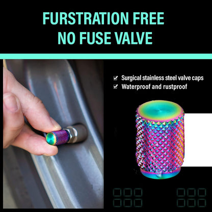 Precision CNC Machined Stainless Steel Standard Knurled Tire Air Valve Caps, Wheel Tyre Stem Covers for Cars- 4 Pack - Rainbow