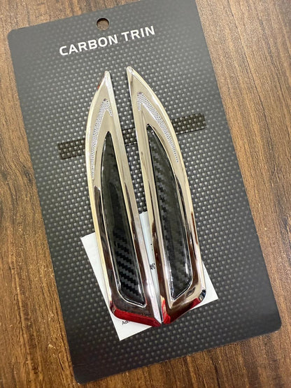 1 Pair Car Side Fender Sticker Chrome + Carbon Fiber 3D Stickers Car Front Side Fender Vent Decal Stickers Bumper Trim Molding Car Decoration Exterior Accessories