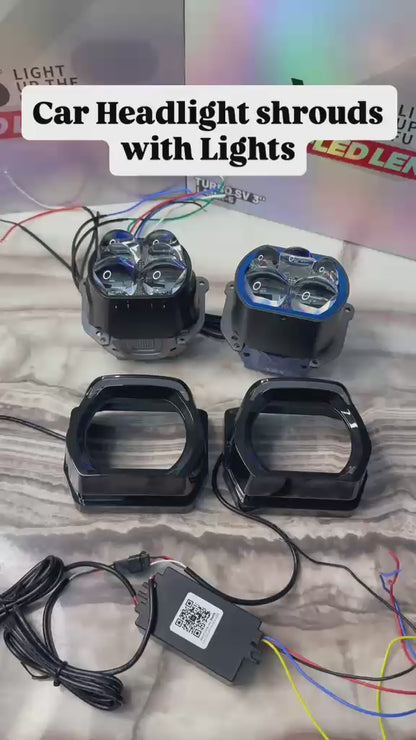 AES 3 inch Square LED Shrouds for Car Projector Headlight | Stylish Glow Frame with Controller | Waterproof Front Headlamp Modification Accessory (Pair)