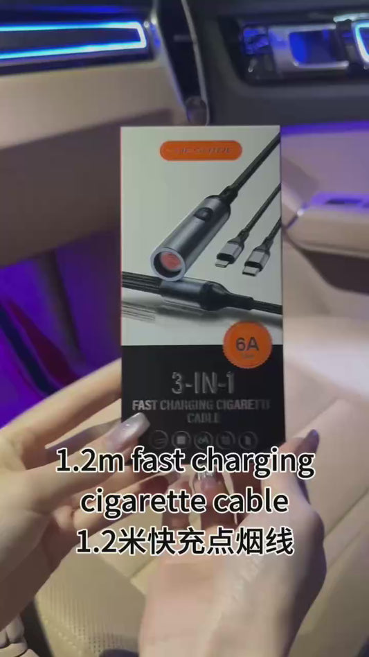 Caroxygen 3-in-1 Fast Charging Cable 6A Max, Multi Charging Cable with Type-C, Lightning & Micro USB Connectors, Fast Charger for Car, Android & iPhone Devices – Black
