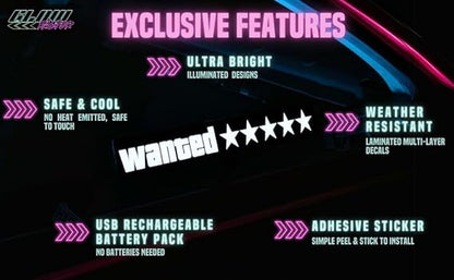 Wanted 5 Star LED Car Sticker Light Window Windshield Door Sticker LED Sigh Light Panel