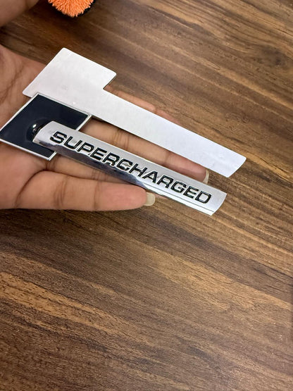 2Pcs Supercharged Emblem Car Logo Premium Auto 3D Raised Metal Badge Rear Trunk Sticker Side Decal (Silver Black)