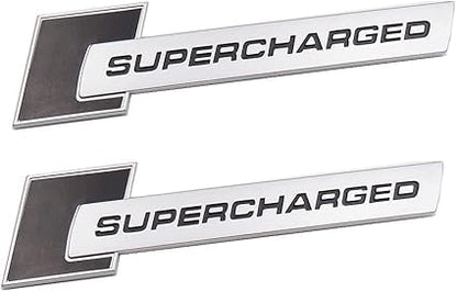 2Pcs Supercharged Emblem Car Logo Premium Auto 3D Raised Metal Badge Rear Trunk Sticker Side Decal (Silver Black)