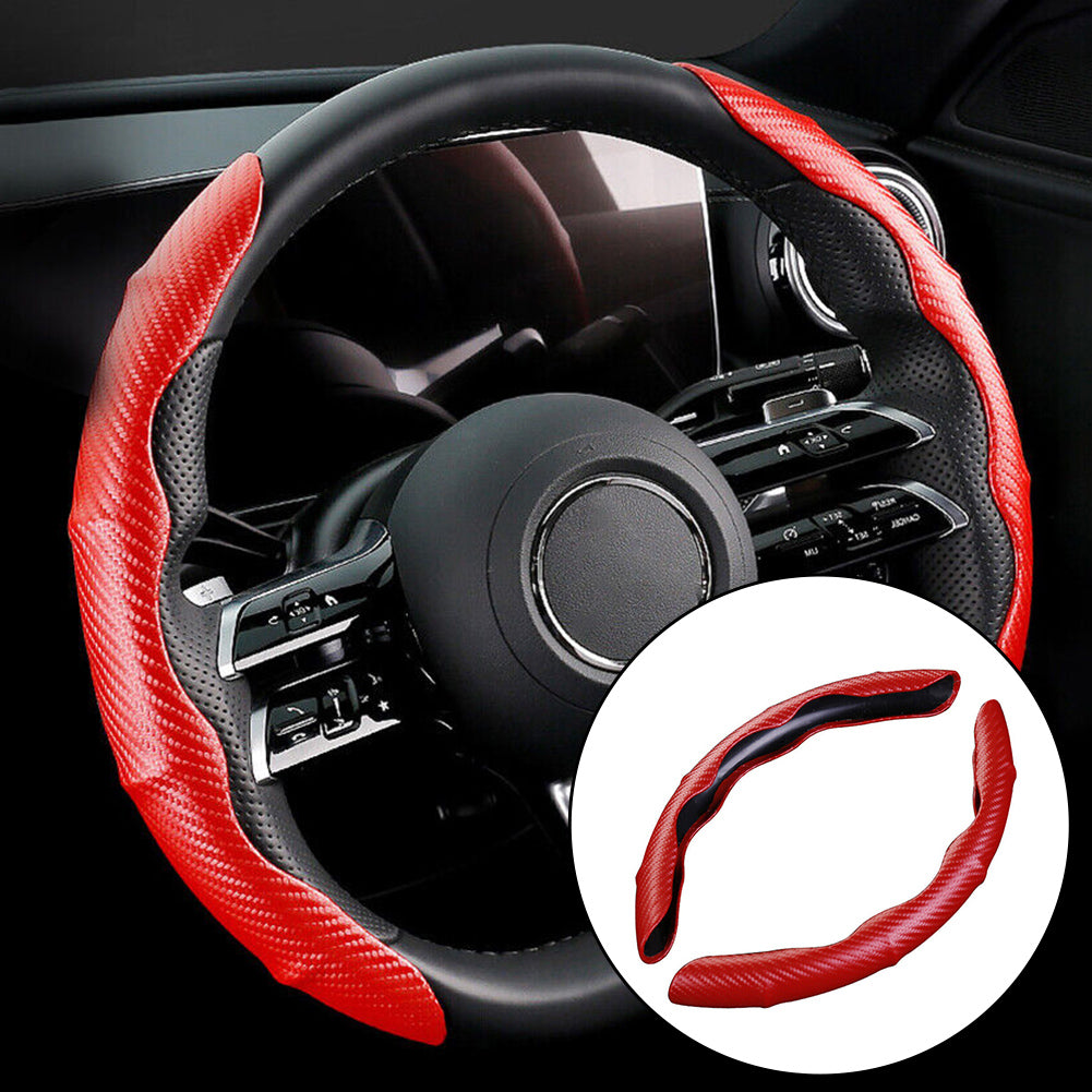 2PC 15inch Car Anti-skid Steering Wheel Cover Red Carbon Fiber Steering Cover