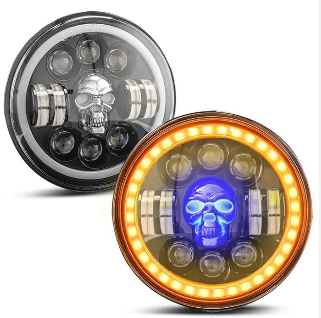 5.75 Inch Round Skull Headlight Compatible with Bajaj, Avenger (5.75 Inch Skull Harley Headlight)