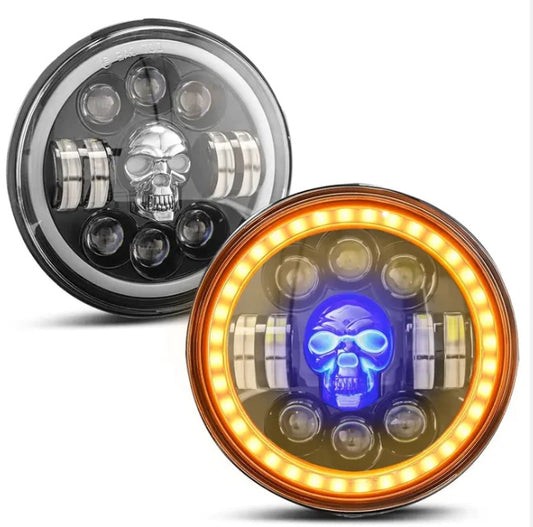 5.75 Inch Round Skull Headlight Compatible with Bajaj, Avenger (5.75 Inch Skull Harley Headlight)