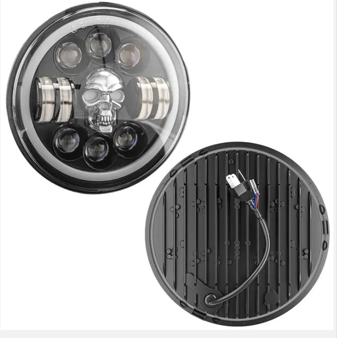 5.75 Inch Round Skull Headlight Compatible with Bajaj, Avenger (5.75 Inch Skull Harley Headlight)