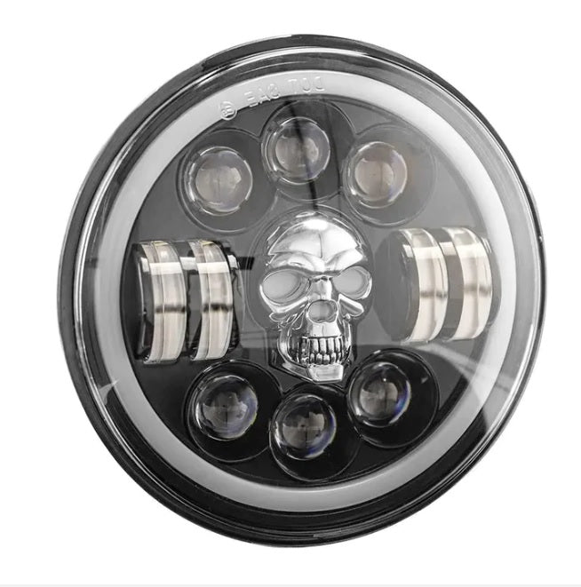 5.75 Inch Round Skull Headlight Compatible with Bajaj, Avenger (5.75 Inch Skull Harley Headlight)