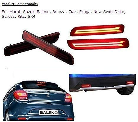 Rear Bumper LED Reflector/DRL for Suzuki Baleno, Breeza, Ciaz, S-cross, Ertiga, New Dzire, Wagon-r 2019 with Running Indicator, Red, Set of 2 Pc (V1)