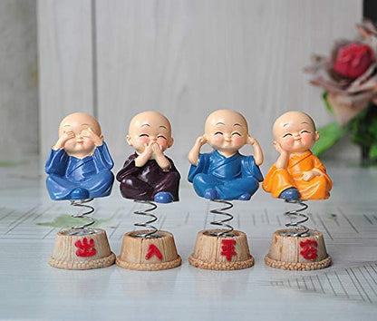 CarOxygen - Set of 4 Pcs Spring Little Buddha Monk Statue for Car Dashboard, Home Decor, Gifting