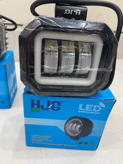 HJG Square 3 Lens Harley Fog Light - Red ring - For Universal Bikes & Cars - White Color ( 1 Piece)