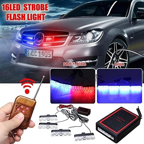 Car Police Light 4 X 4 LED With Wireless Remote, Red & Blue Police Strobe Flasher Light Dash Emergency Warning Lamp 12V