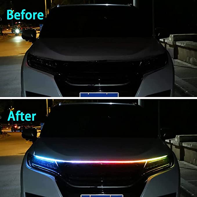 Car Led Lights Exterior Car Hood Light Strip 70 inch (1.8M) Multicolors 12V 108 LEDs Daytime Running Light for SUV, Truck, APP & Remote Control Car Engine Cover Decoration Headlight 1Pcs