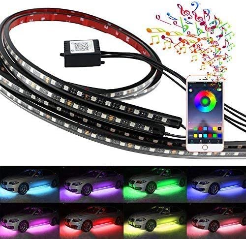 Car Underglow Lights 4 Pcs Bluetooth Led Strip Lights with Dream Color Chasing APP Control 12V 300 LEDs Underbody Lights Waterproof Underglow Led