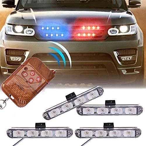 Car Police Light 4 X 4 LED With Wireless Remote, Red & Blue Police Strobe Flasher Light Dash Emergency Warning Lamp 12V