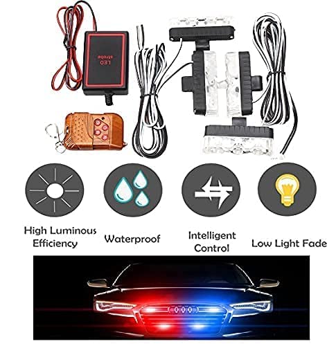 Car Police Light 4 X 4 LED With Wireless Remote, Red & Blue Police Strobe Flasher Light Dash Emergency Warning Lamp 12V