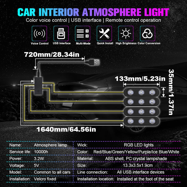 4pcs/Set RGB Star Light Projector Music Control LED Light USB Plug Breathing Light Car Interior Atmosphere Light Remote Control-Under Sheet Atmosphere Light