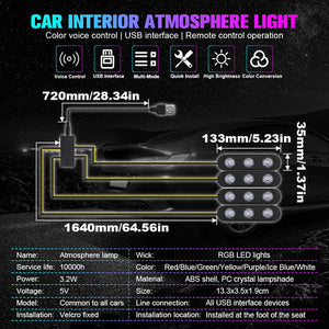 4pcs/Set RGB Star Light Projector Music Control LED Light USB Plug Breathing Light Car Interior Atmosphere Light Remote Control-Under Sheet Atmosphere Light