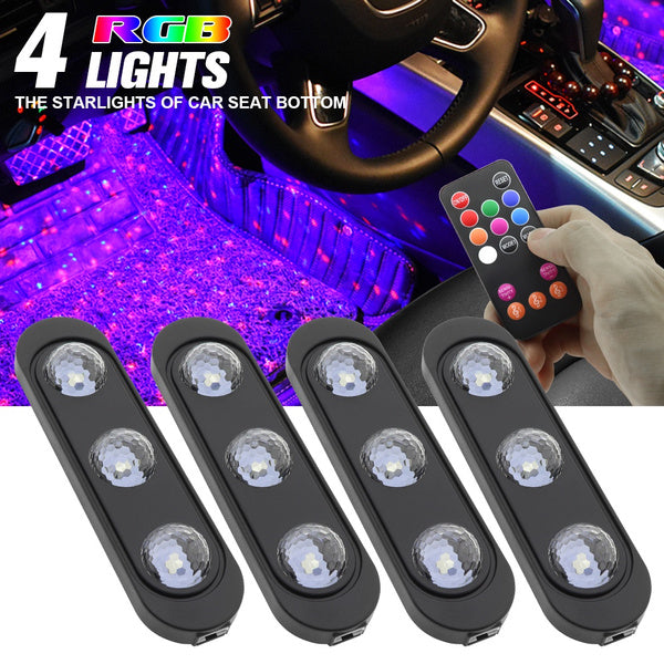 4pcs/Set RGB Star Light Projector Music Control LED Light USB Plug Breathing Light Car Interior Atmosphere Light Remote Control-Under Sheet Atmosphere Light