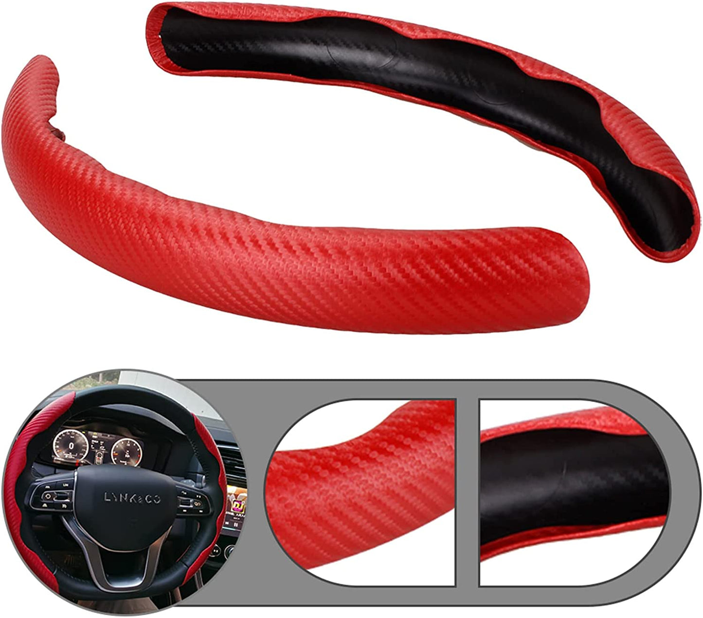 2PC 15inch Car Anti-skid Steering Wheel Cover Red Carbon Fiber Steering Cover