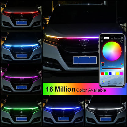 Car Led Lights Exterior Car Hood Light Strip 46 inch (1.8M) Multicolors 12V 108 LEDs Daytime Running Light for SUV, Truck, APP & Remote Control Car Engine Cover Decoration Headlight 1Pcs