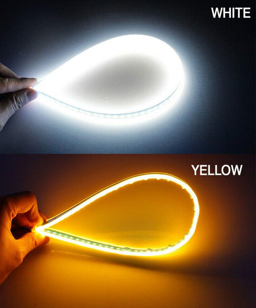 (Set of 2 )Sequential Flow Universal Ultra-fine 60cm DRL | Daytime Running Light | Flexible | Soft | Tube Guide Car LED Strip | White and Yellow Color |