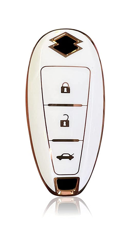 Piano Finish Golden Borders TPU Key Cover Compatible with Swift | Ertiga | Wagonr | Celerio | Swift Dzire | Alto | Eeco | Breza | S Presso | Ignis Remote Key (3 Button)