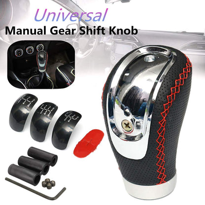 5 6 Speed Manual Car Gear Shift Knob Shifter Lever Handle Stick PU Leather Universal with 3 Caps - Black