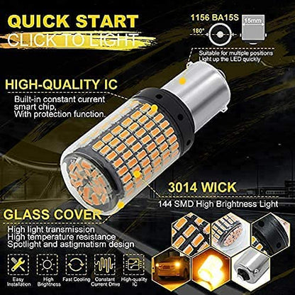 6 MONTHS WARRANTY 2800 Lumen 3014 Chipset 144 SMD Amber Canbus Error Free Led Turn Signal Light Led Bulb Front Rear Turn Signal Bulb (BA15S P21) Set Of 2