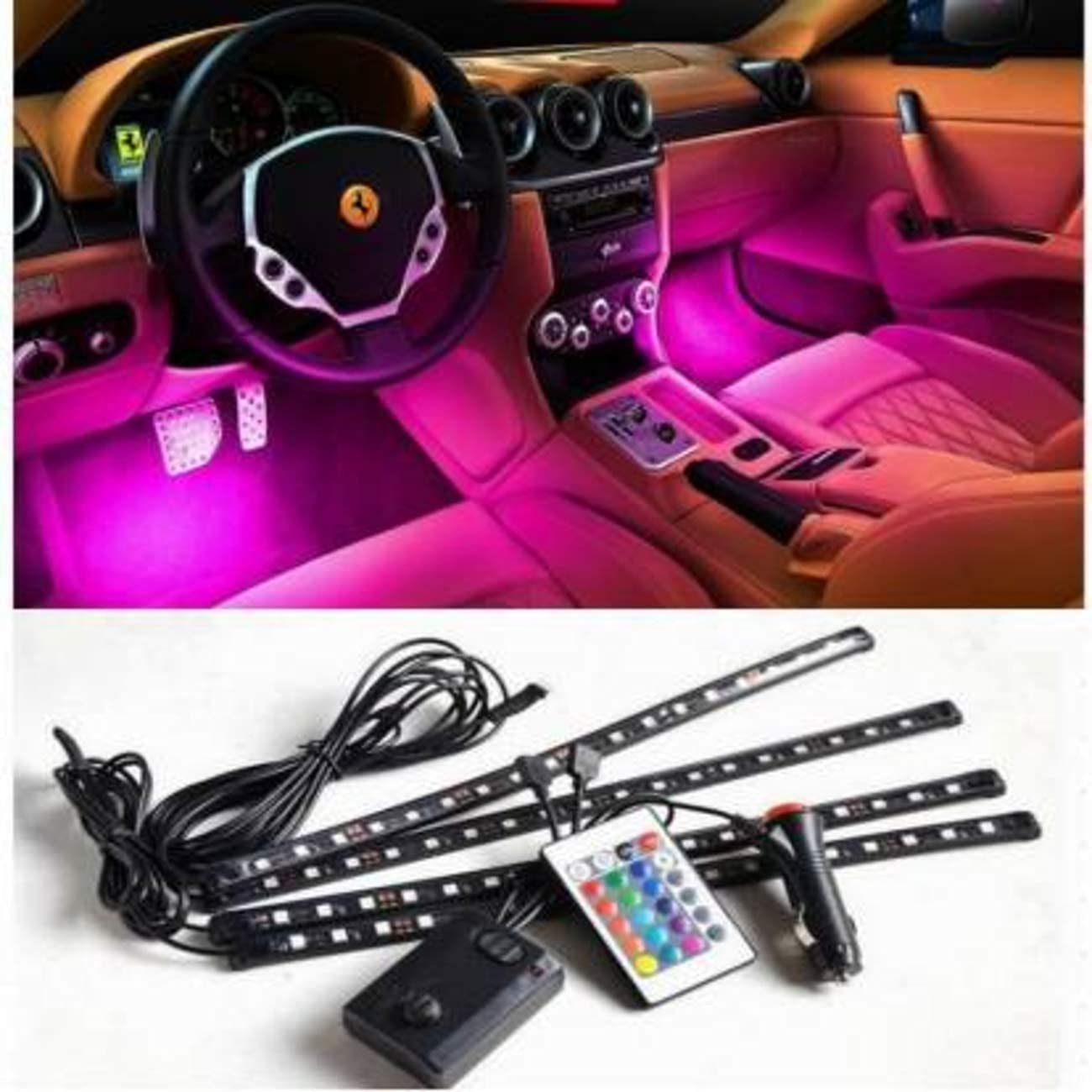 Car Oxygen Atmosphere Lights ,12x4 Car LED Strip Light, 48 LED DC 12V Multicolour Interior Light LED Under Dash Lighting Kit with Sound Active Function and Wireless Remote Control Car Fancy Light