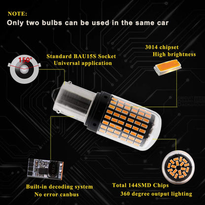 6 MONTHS WARRANTY 2800 Lumen 3014 Chipset 144 SMD Amber Canbus Error Free Led Turn Signal Light Led Bulb Front Rear Turn Signal Bulb (BA15S P21) Set Of 2