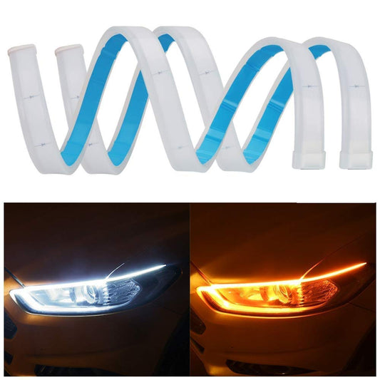 (Set of 2 )Sequential Flow Universal Ultra-fine 60cm DRL | Daytime Running Light | Flexible | Soft | Tube Guide Car LED Strip | White and Yellow Color |