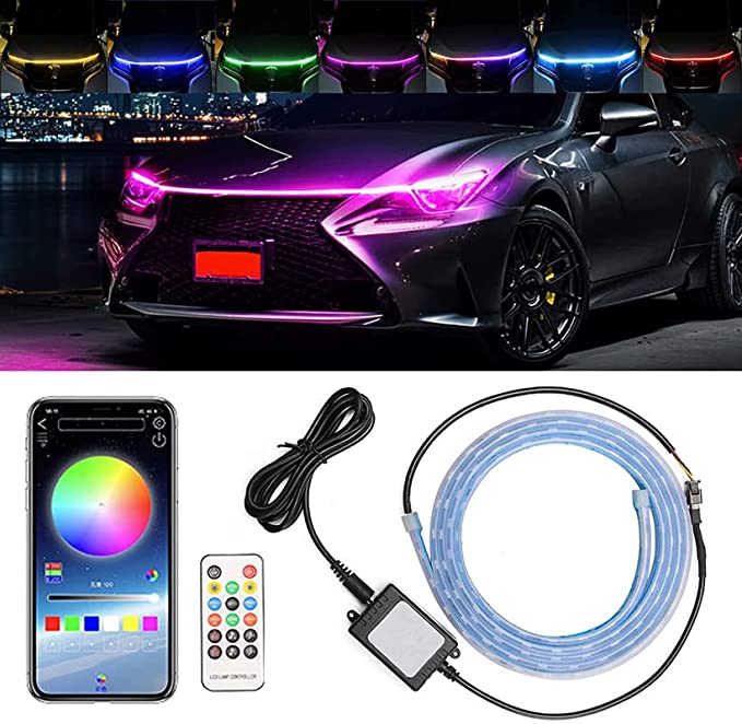 Car Led Lights Exterior Car Hood Light Strip 70 inch (1.8M) Multicolors 12V 108 LEDs Daytime Running Light for SUV, Truck, APP & Remote Control Car Engine Cover Decoration Headlight 1Pcs