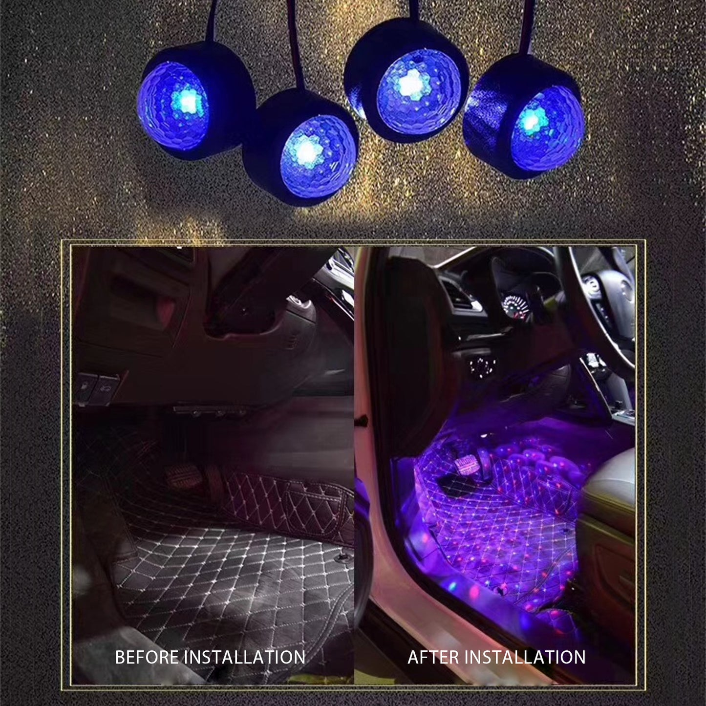 4pcs/Set RGB Star Light Projector Music Control LED Light USB Plug Breathing Light Car Interior Atmosphere Light Remote Control-Under Sheet Atmosphere Light