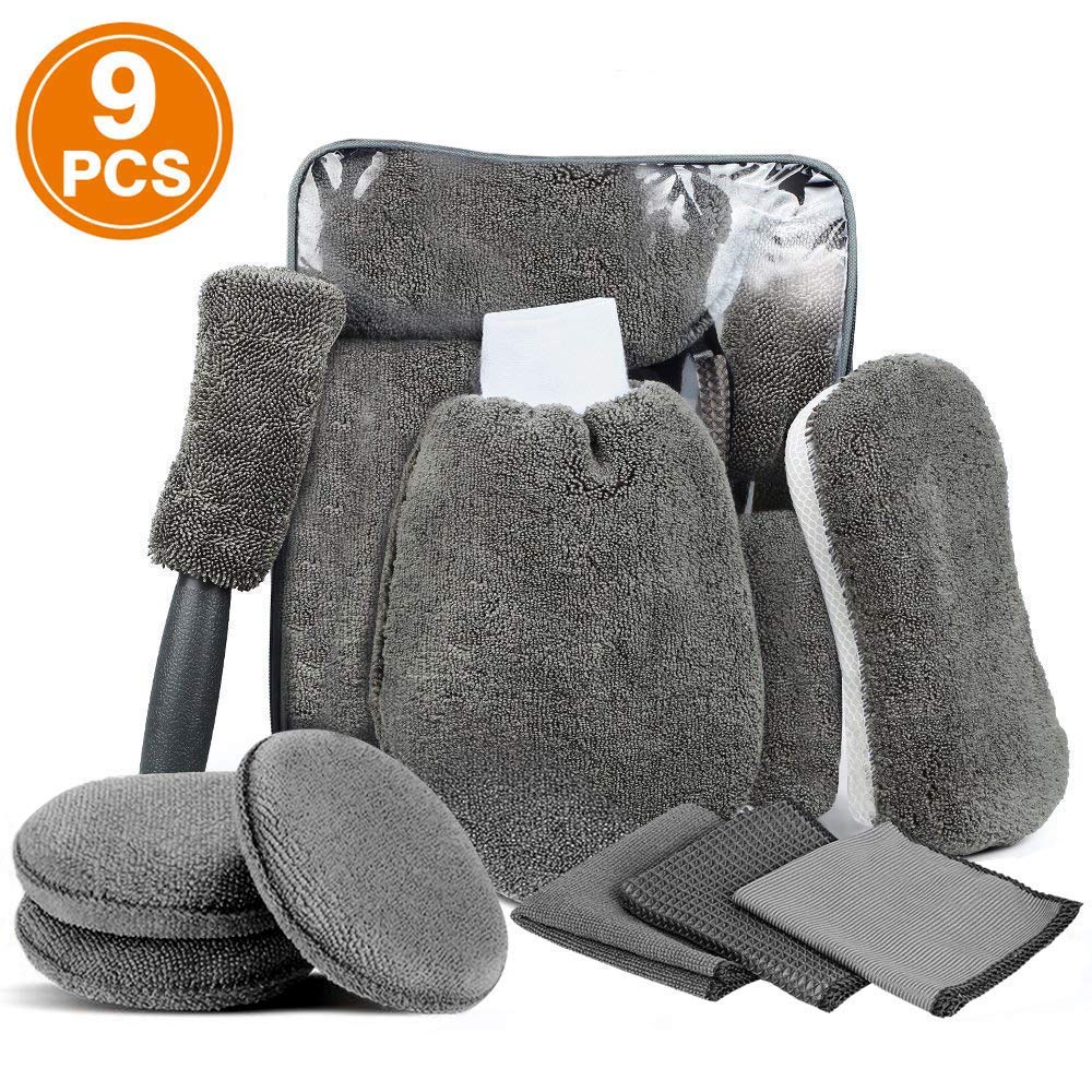 9 Pcs Car Wash Cleaning Kit Include 3 Microfiber Towels, 3 Applicator Pads, Wash Sponge, Wash Glove, Wheel Brush for Car,Bike Home