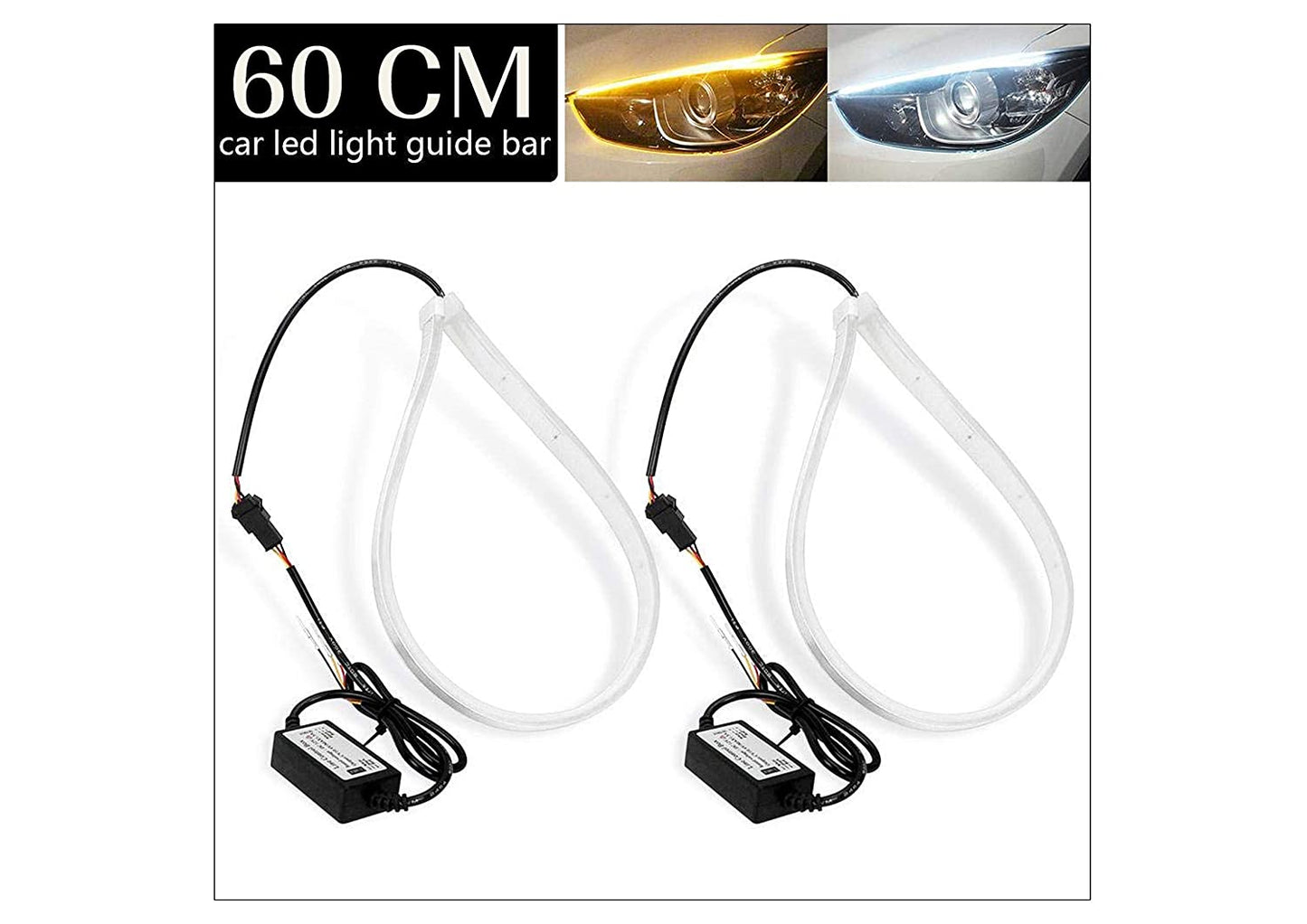 (Set of 2 )Sequential Flow Universal Ultra-fine 60cm DRL | Daytime Running Light | Flexible | Soft | Tube Guide Car LED Strip | White and Yellow Color |