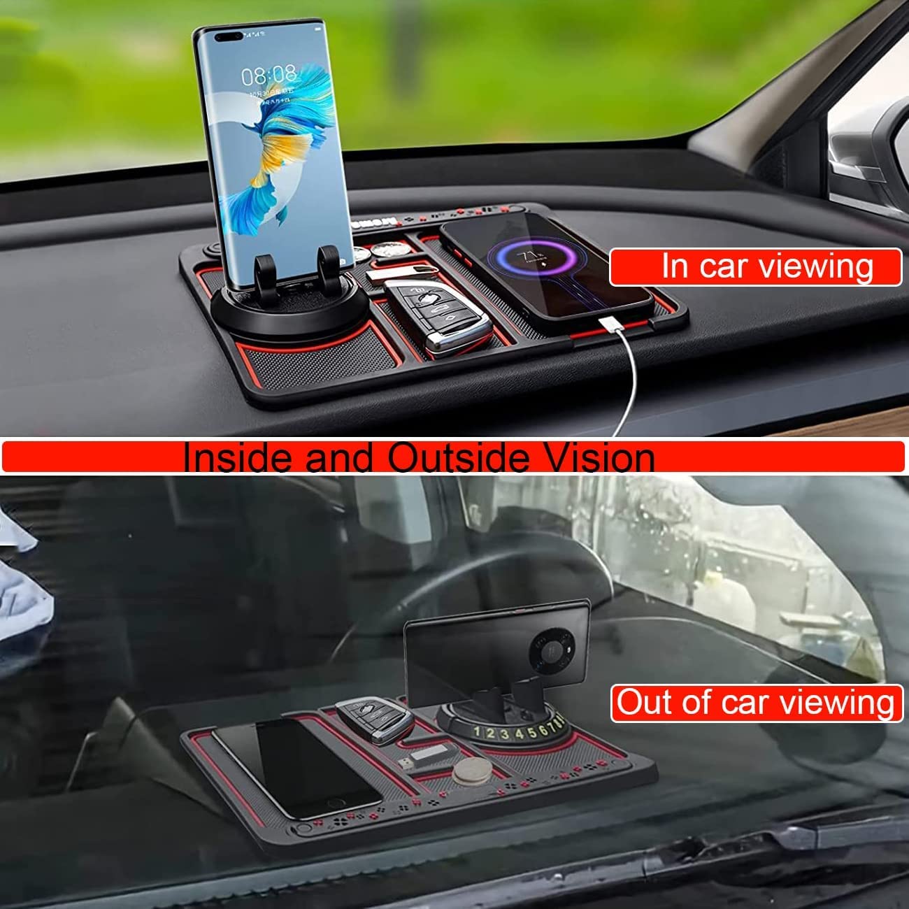 Car Multi Function Non Slip Dashboard Mat with 360° Rotatable Mount Phone Holder Stand & Parking Numbers for All Cars | Coins Keys Cellphone Holder - Sparco