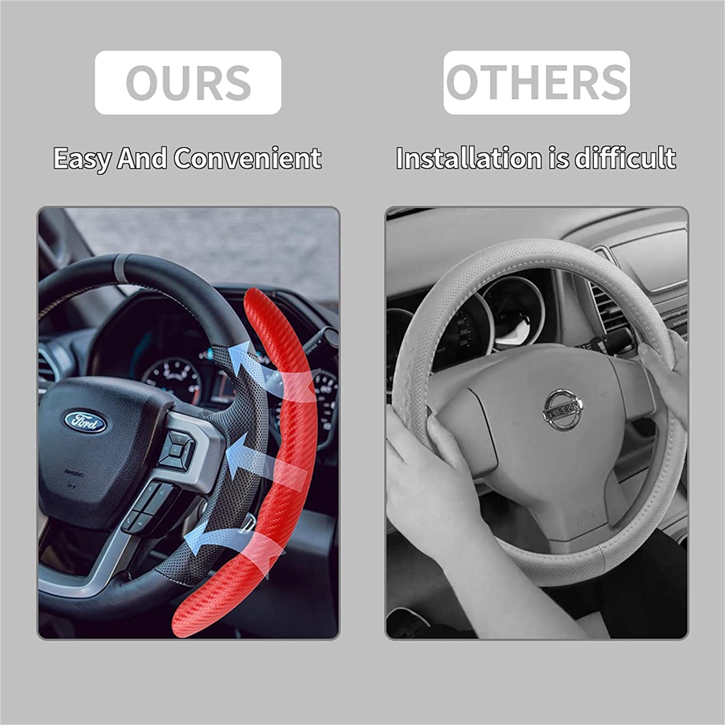 2PC 15inch Car Anti-skid Steering Wheel Cover Red Carbon Fiber Steering Cover