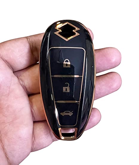 Piano Finish Golden Borders TPU Key Cover Compatible with Swift | Ertiga | Wagonr | Celerio | Swift Dzire | Alto | Eeco | Breza | S Presso | Ignis Remote Key (3 Button)