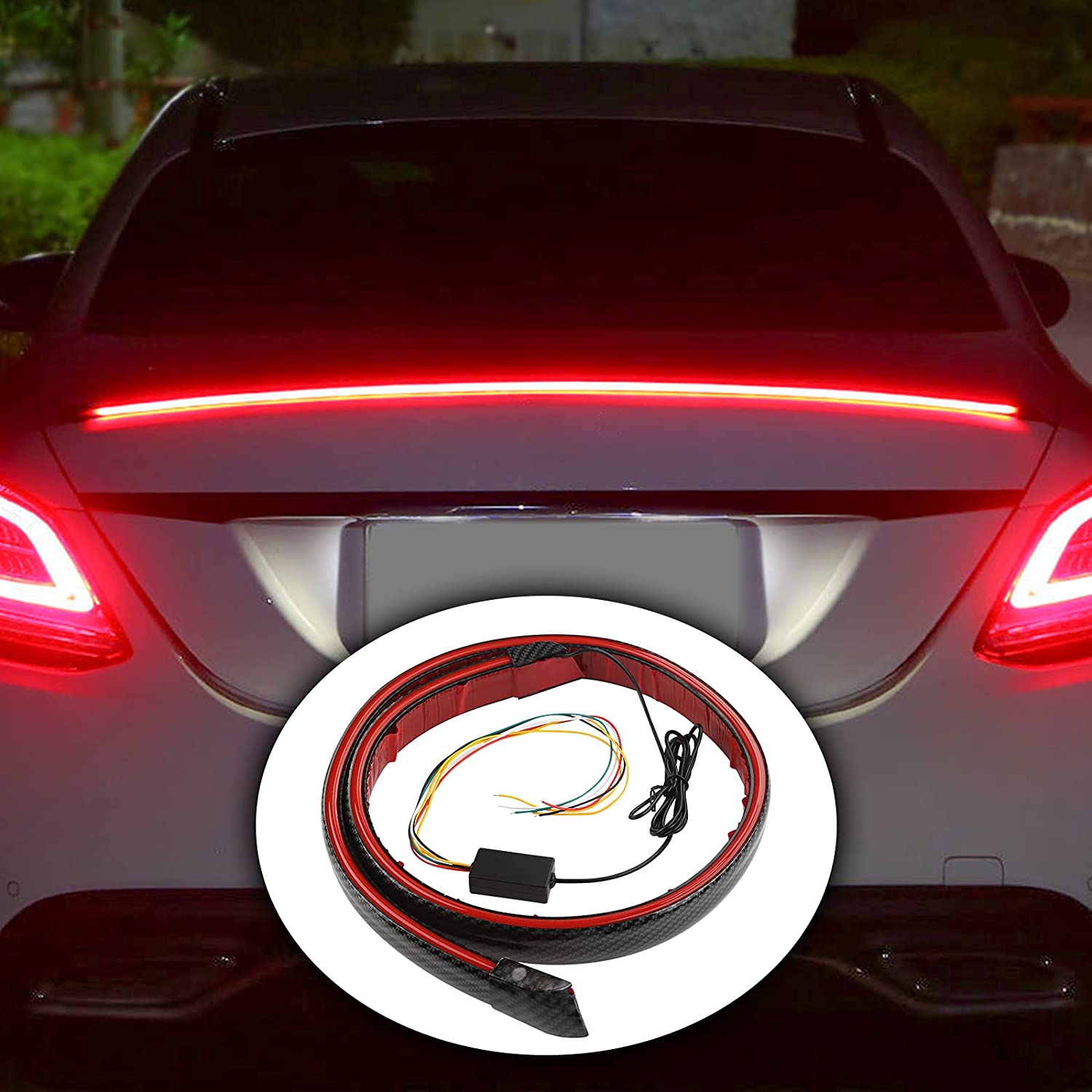 Car Spoiler Light -LED Car Tail Brake Light/Turn Signal Indicator/DRL Universal Car/Jeepcompus Rear Exterior Strip Trunk Light Multicolor Changing (Carbon Fiber) 54inch