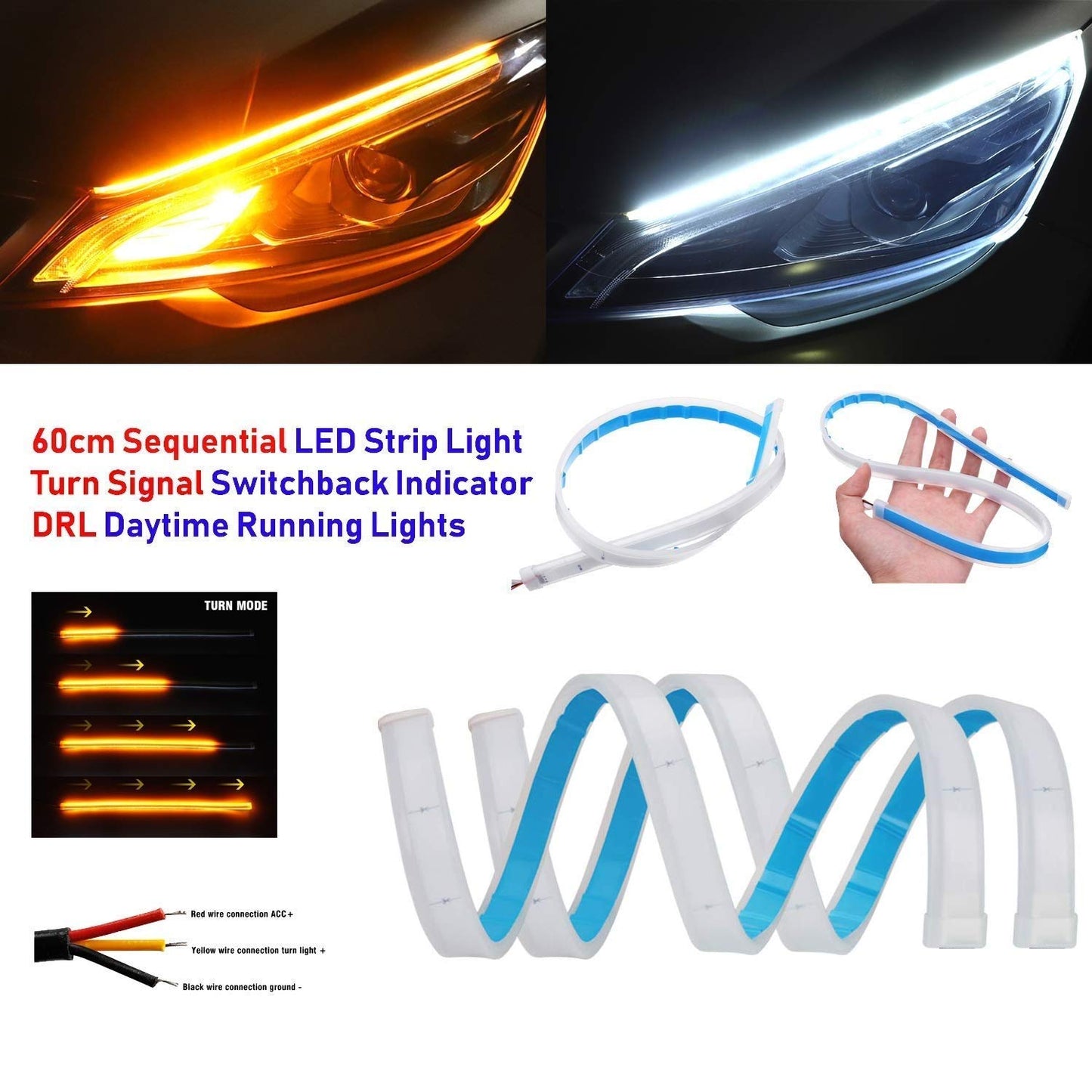 (Set of 2 )Sequential Flow Universal Ultra-fine 60cm DRL | Daytime Running Light | Flexible | Soft | Tube Guide Car LED Strip | White and Yellow Color |