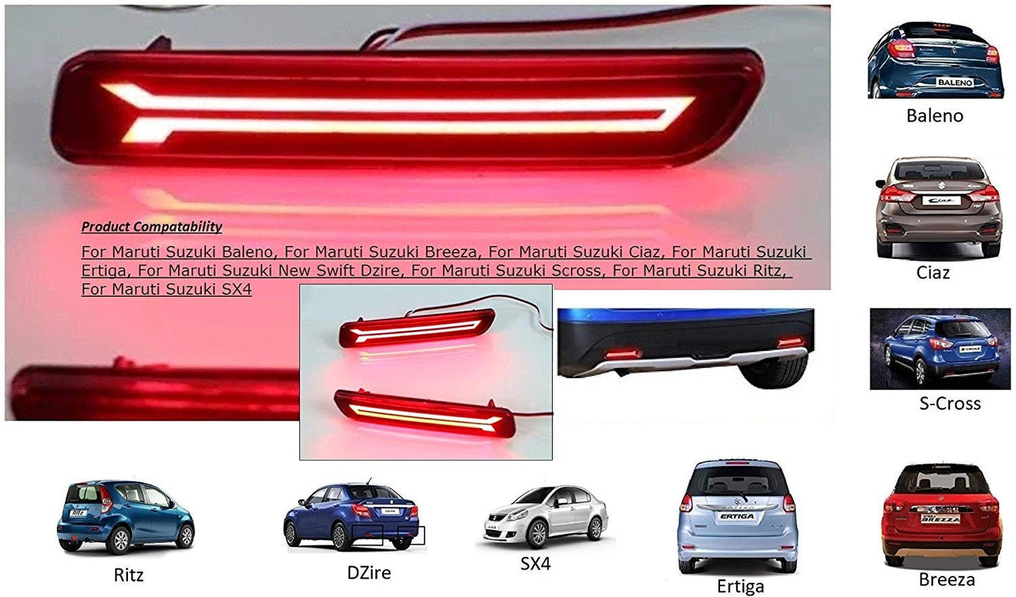 Rear Bumper LED Reflector/DRL for Suzuki Baleno, Breeza, Ciaz, S-cross, Ertiga, New Dzire, Wagon-r 2019 with Running Indicator, Red, Set of 2 Pc (V1)