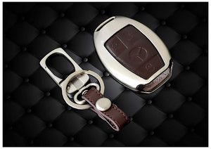 Zinc Alloy and Leather Car Keyless Key Cover Case Fob for Mercedes-Benz W204 W205 W212 C E S GLA AMG Without top Point Cover (Brown)