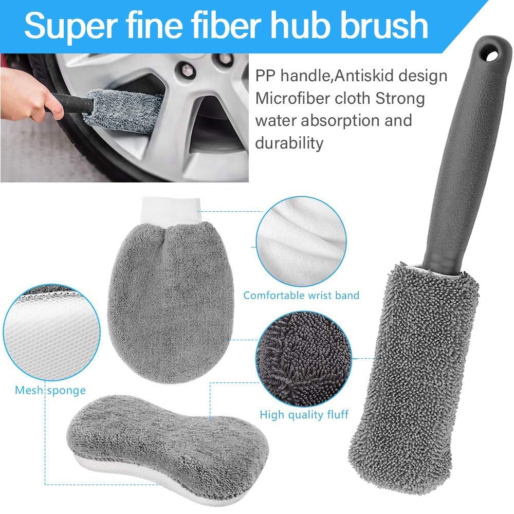 9 Pcs Car Wash Cleaning Kit Include 3 Microfiber Towels, 3 Applicator Pads, Wash Sponge, Wash Glove, Wheel Brush for Car,Bike Home